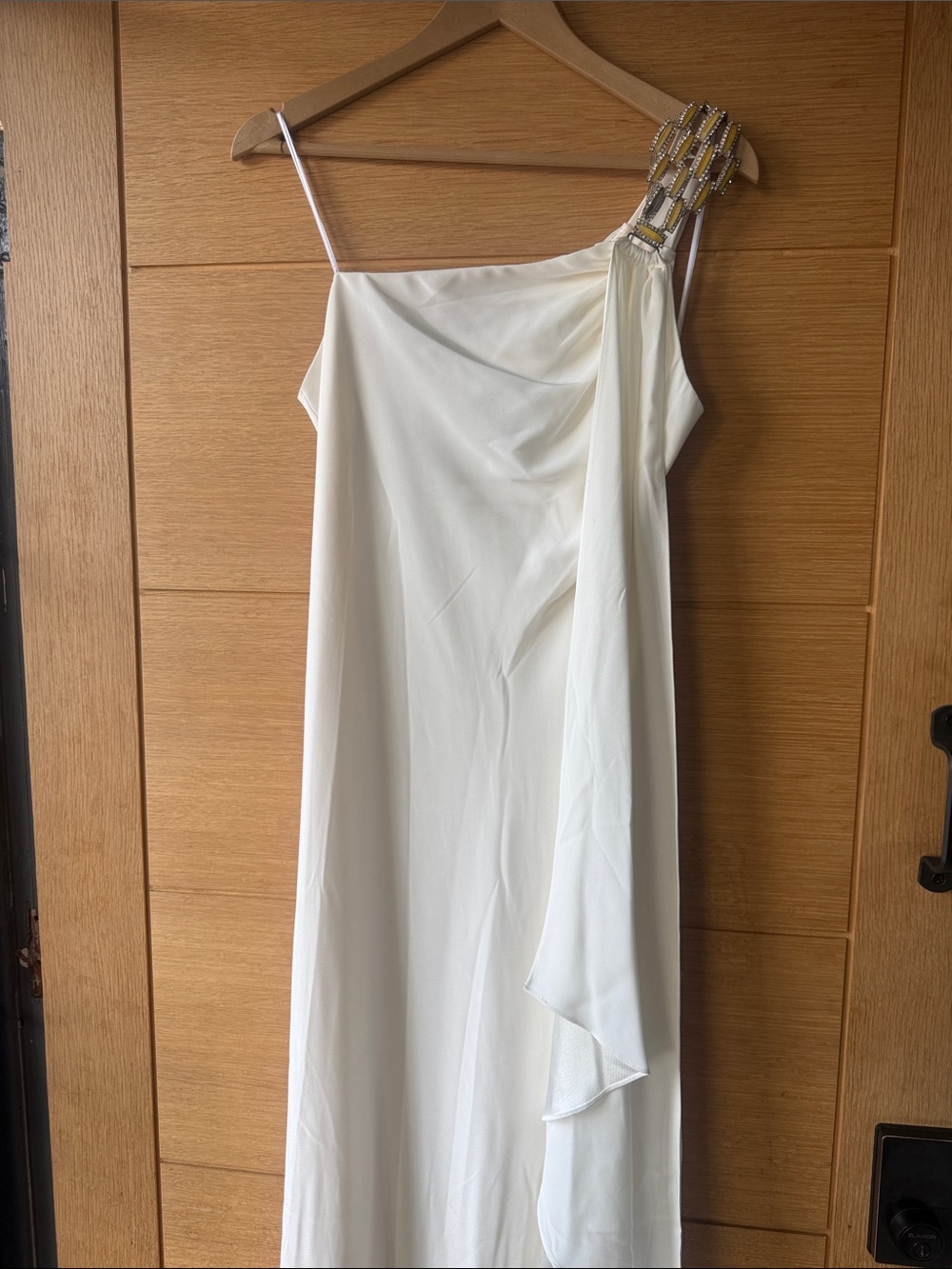 ABS Allen Schwartz Ivory One-Shoulder Evening Dress with Beaded Shoulder Detail